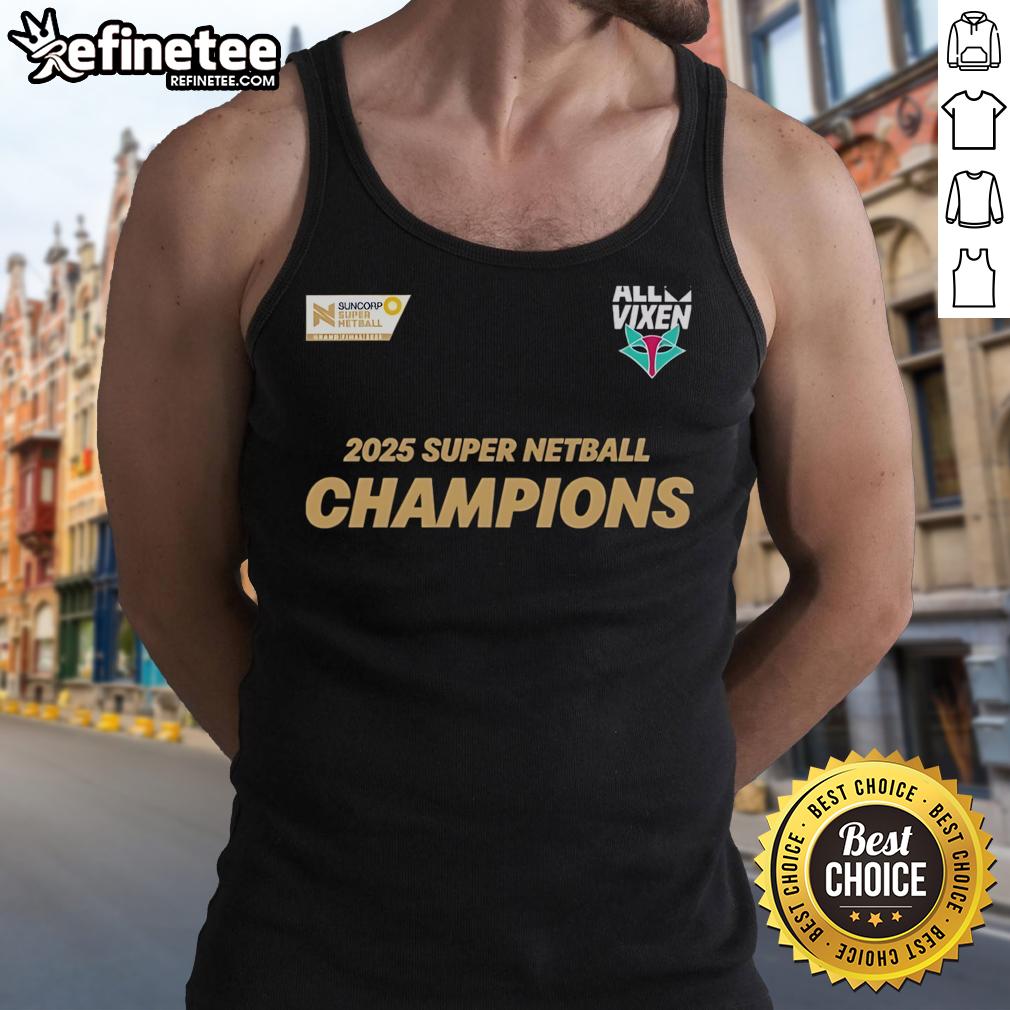 Official Melbourne Vixens 2025 Champions Tank Top showcasing vibrant team colors and logo for fans and supporters.
