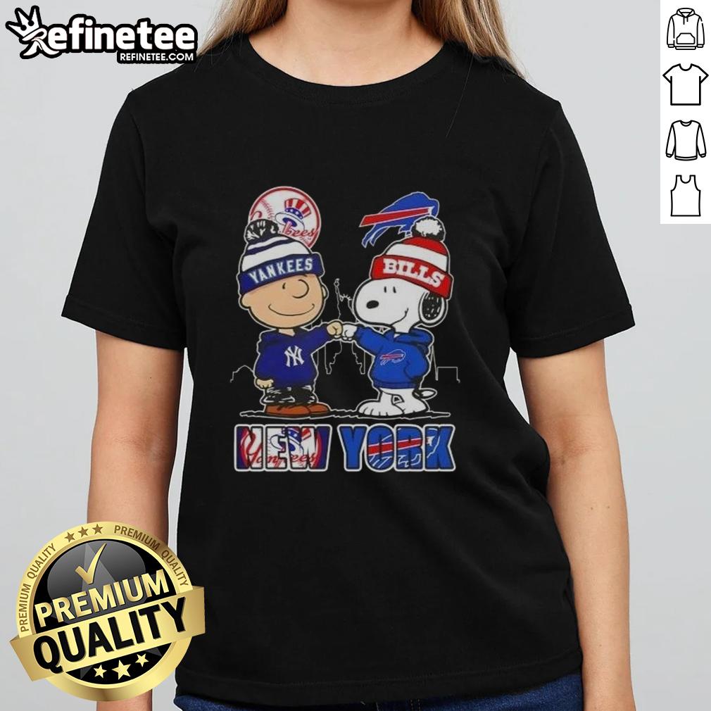 Happy Charlie Brown New York Yankees x Snoopy Buffalo Bills skyline ladies tee featuring iconic sports characters.