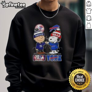 Happy Charlie Brown New York Yankees x Snoopy Buffalo Bills skyline sweatshirt design featuring iconic NYC landmarks.