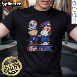 Happy Charlie Brown and Snoopy in New York Yankees and Buffalo Bills t-shirt with skyline design.