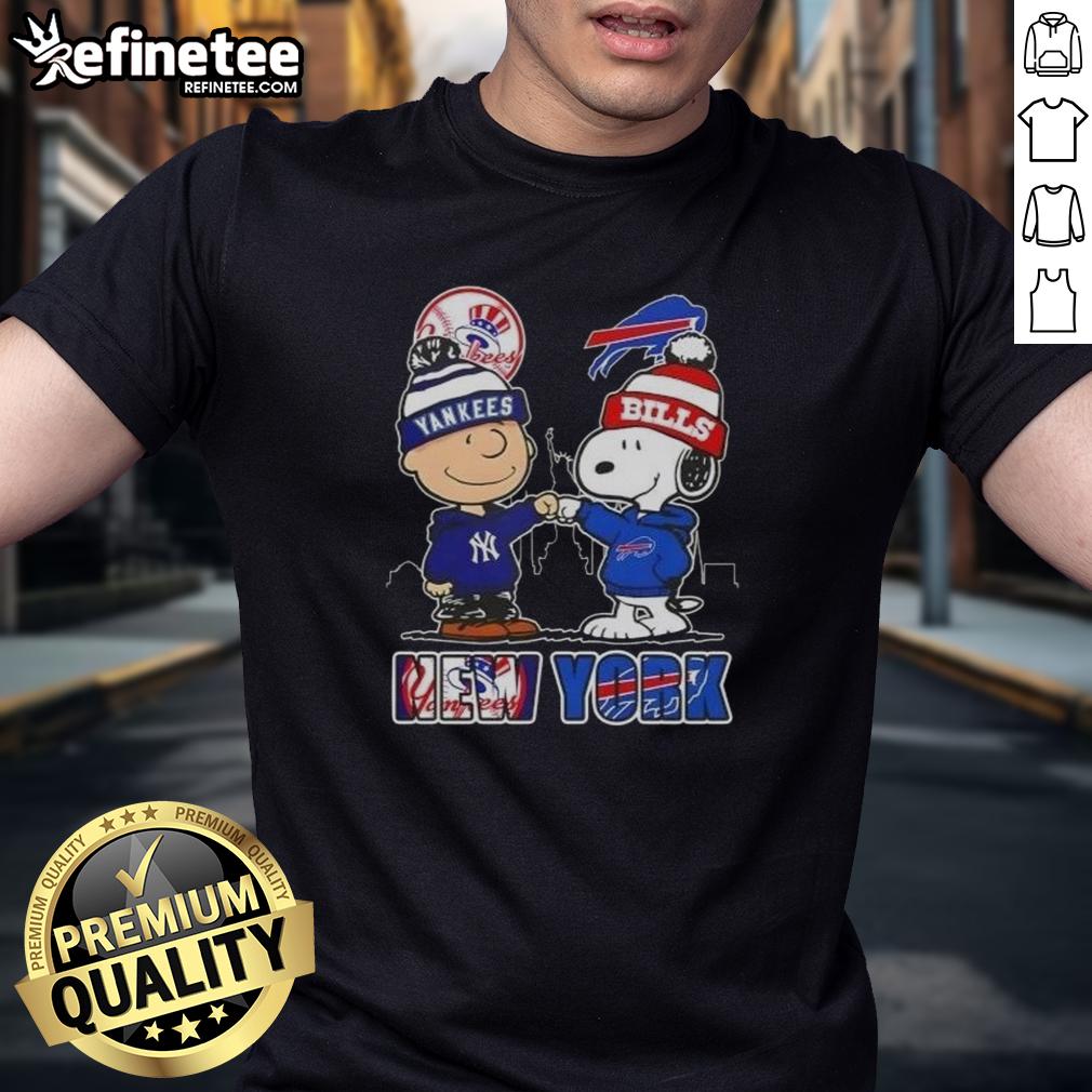 Happy Charlie Brown and Snoopy in New York Yankees and Buffalo Bills t-shirt with skyline design.