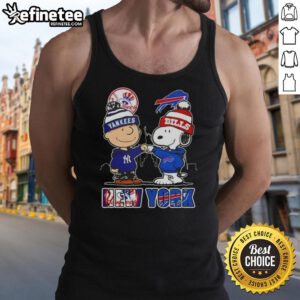 Happy Charlie Brown New York Yankees x Snoopy Buffalo Bills Skyline Tank Top featuring iconic characters and city skyline.