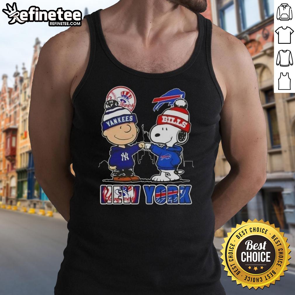 Happy Charlie Brown New York Yankees x Snoopy Buffalo Bills Skyline Tank Top featuring iconic characters and city skyline.