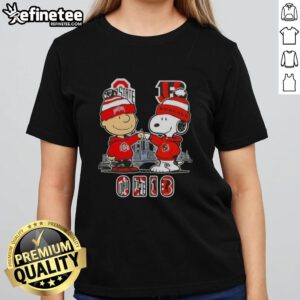 Happy Charlie Brown Ohio State Buckeyes x Snoopy Cincinnati Bengals skyline ladies tee, perfect for fans of both teams.