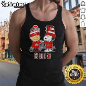 Happy Charlie Brown in Ohio State Buckeyes gear with Snoopy and Cincinnati Bengals skyline on a stylish tank top.