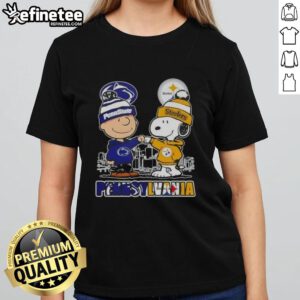 Alt Text: Happy Charlie Brown in Penn State Nittany Lions x Snoopy Pittsburgh Steelers Skyline ladies tee design.