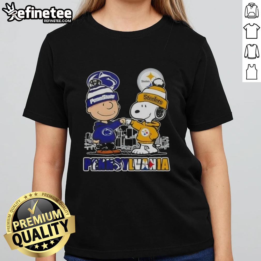 Alt Text: Happy Charlie Brown in Penn State Nittany Lions x Snoopy Pittsburgh Steelers Skyline ladies tee design.