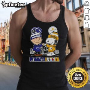Happy Charlie Brown tank top featuring Penn State Nittany Lions and Pittsburgh Steelers skyline design.