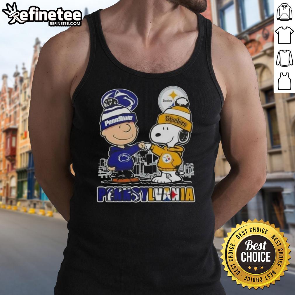 Happy Charlie Brown tank top featuring Penn State Nittany Lions and Pittsburgh Steelers skyline design.
