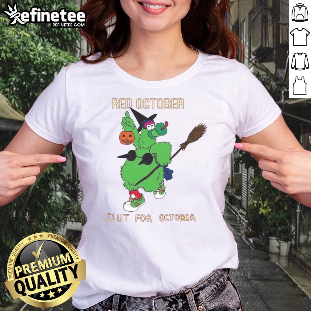 Philadelphia Phillies mascot, Phillie Phanatic, in a Halloween-themed ladies tee for October celebrations.