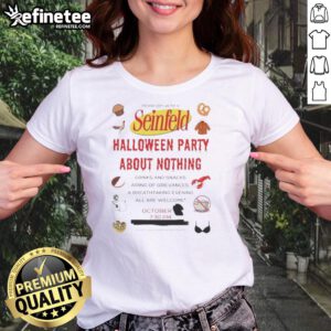 Womens 'Nice Seinfeld Halloween Party About Nothing' tee featuring iconic Seinfeld characters for a fun Halloween look.
