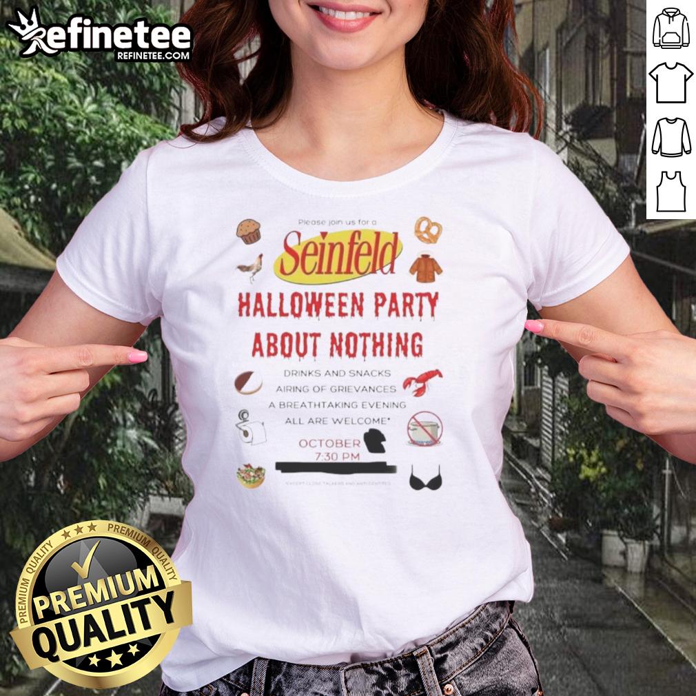 Womens 'Nice Seinfeld Halloween Party About Nothing' tee featuring iconic Seinfeld characters for a fun Halloween look.