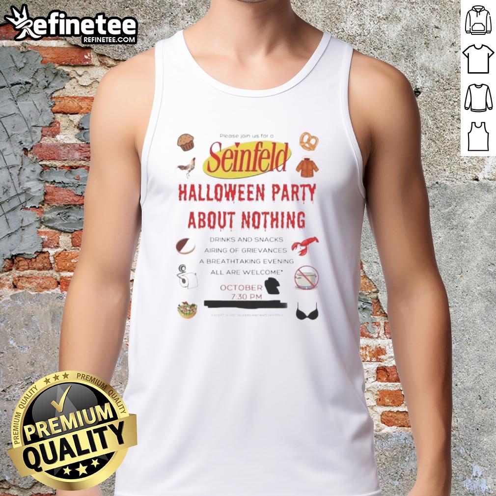 Nice Seinfeld Halloween Party About Nothing tank top featuring iconic quotes and characters for a fun, themed celebration.