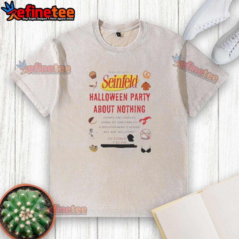 Nice Seinfeld Halloween Party About Nothing washed t-shirt featuring iconic characters and festive design for fans.
