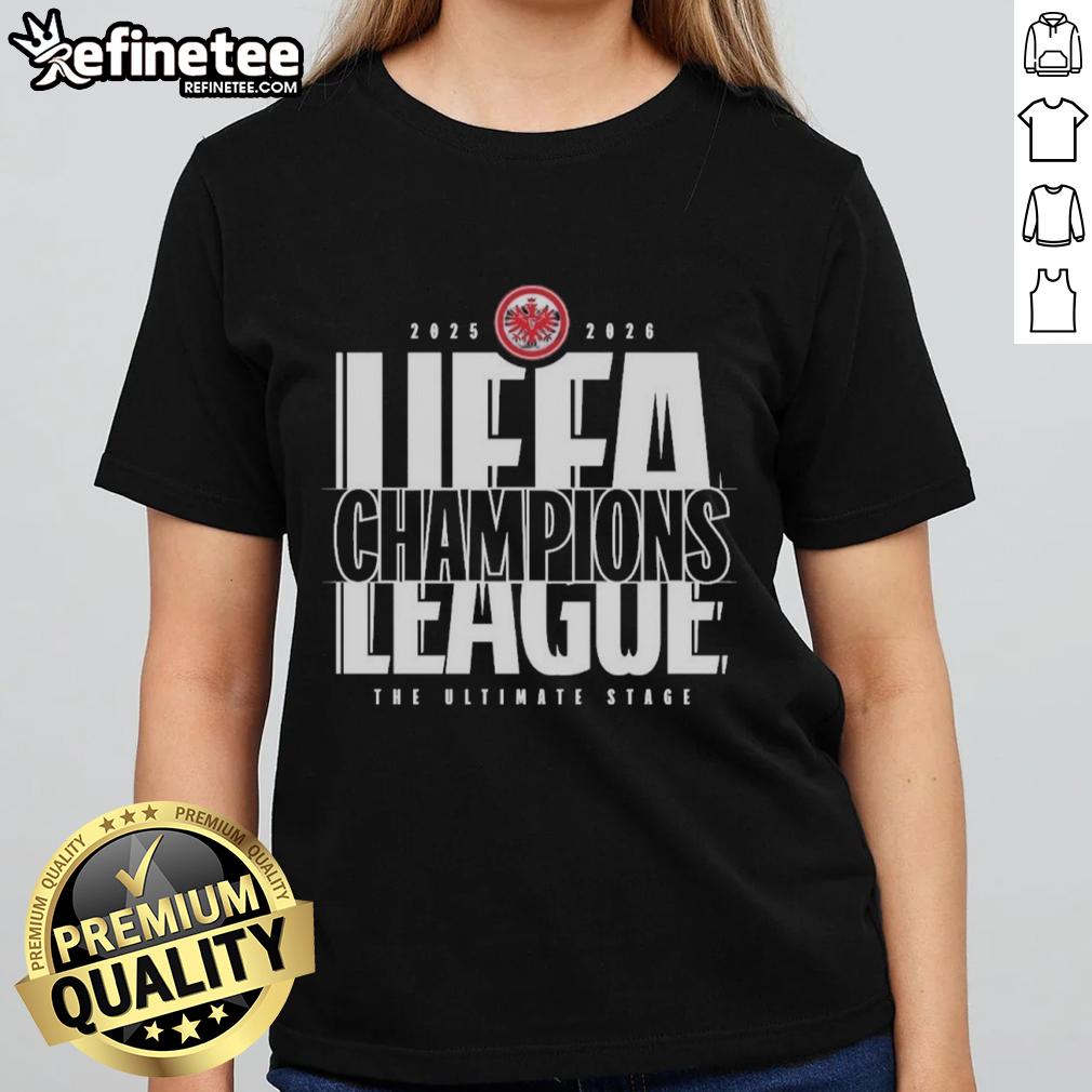 Official Eintracht Frankfurt 2025-2026 UEFA League Champions Ladies Tee showcasing team logo and stylish design.