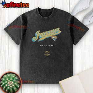 Alt Text: Official Jacksonville Jaguars Born x Raised Duuuval washed T-shirt featuring team colors and logo, perfect for fans.