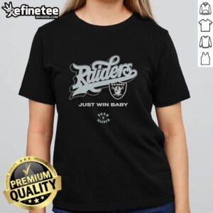 Official Las Vegas Raiders Born x Raised Just Win Baby ladies tee in black featuring team logo and stylish design.