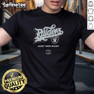 Official Las Vegas Raiders Born X Raised 'Just Win Baby' T-Shirt showcasing team spirit and pride in black and silver colors.
