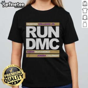 Run DMC football tee featuring Demond Williams Jr., Adam Mohammed, and Johnah Coleman, perfect for fans and fashion.