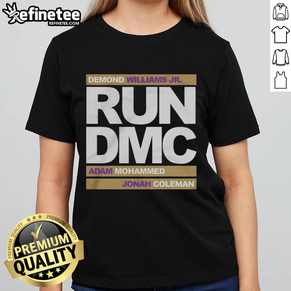 Run DMC football tee featuring Demond Williams Jr., Adam Mohammed, and Johnah Coleman, perfect for fans and fashion.