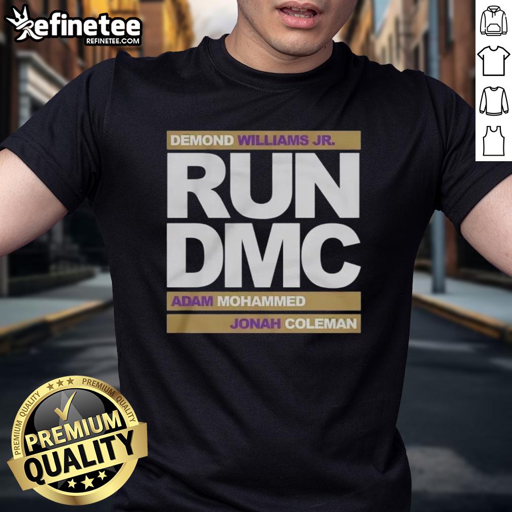 Official Run DMC Football T-Shirt featuring Demond Williams Jr., Adam Mohammed, and Johnah Coleman in stylish design.