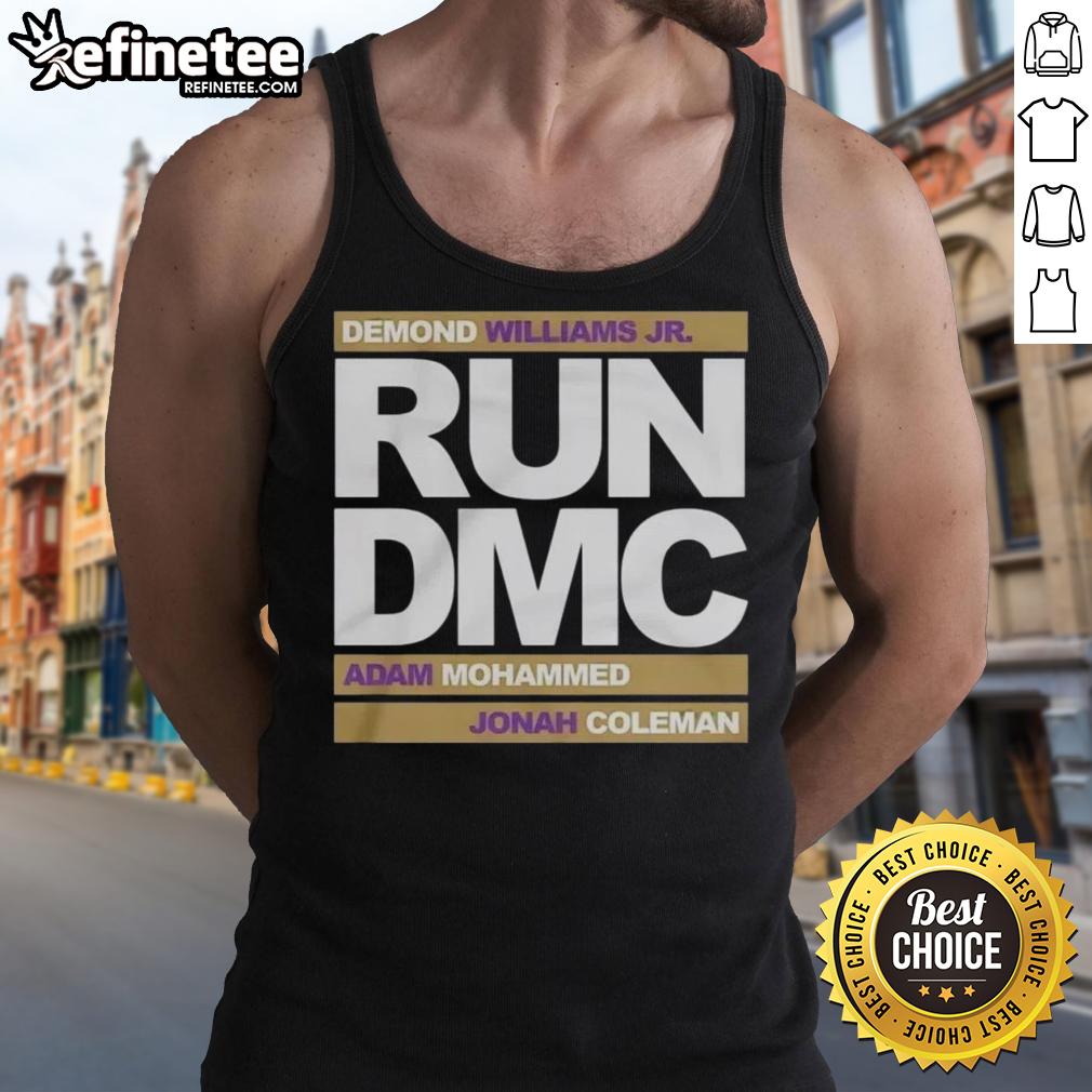 Alt Text: Official Run DMC football tank top featuring Demond Williams Jr., Adam Mohammed, and Johnah Coleman in action.