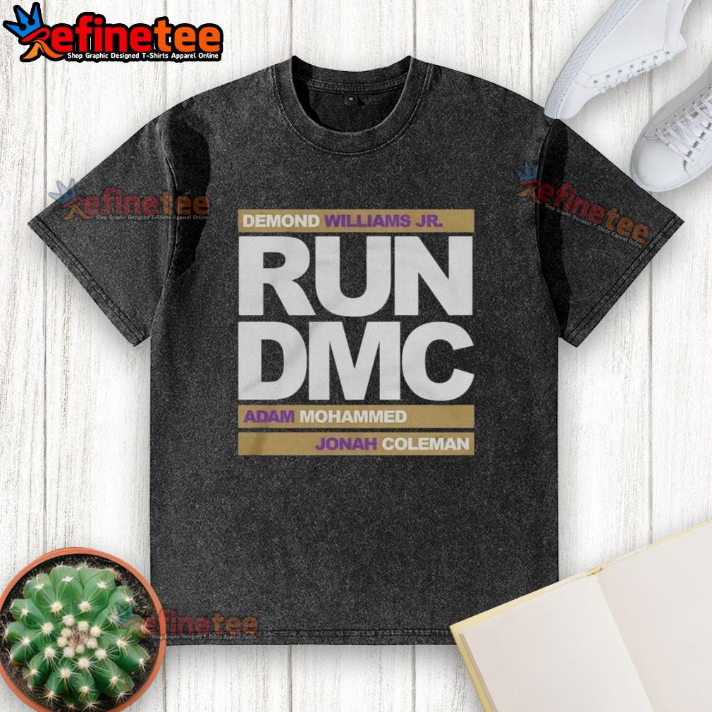Alt Text: Official Run DMC football t-shirt featuring Demond Williams Jr., Adam Mohammed, and Johnah Coleman in a stylish design.