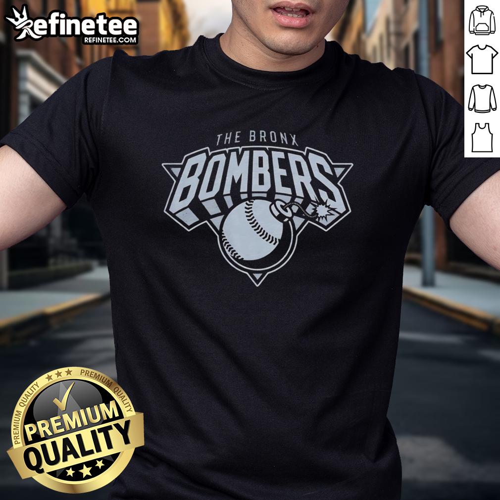 Alt Text: Official The Bronx Bombers New York Yankees T-Shirt featuring team logo and classic design in navy blue.