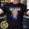 Alt Text: Official Trump Make America Safe Again Portrait T-Shirt featuring a bold design of Trumps portrait and campaign slogan.