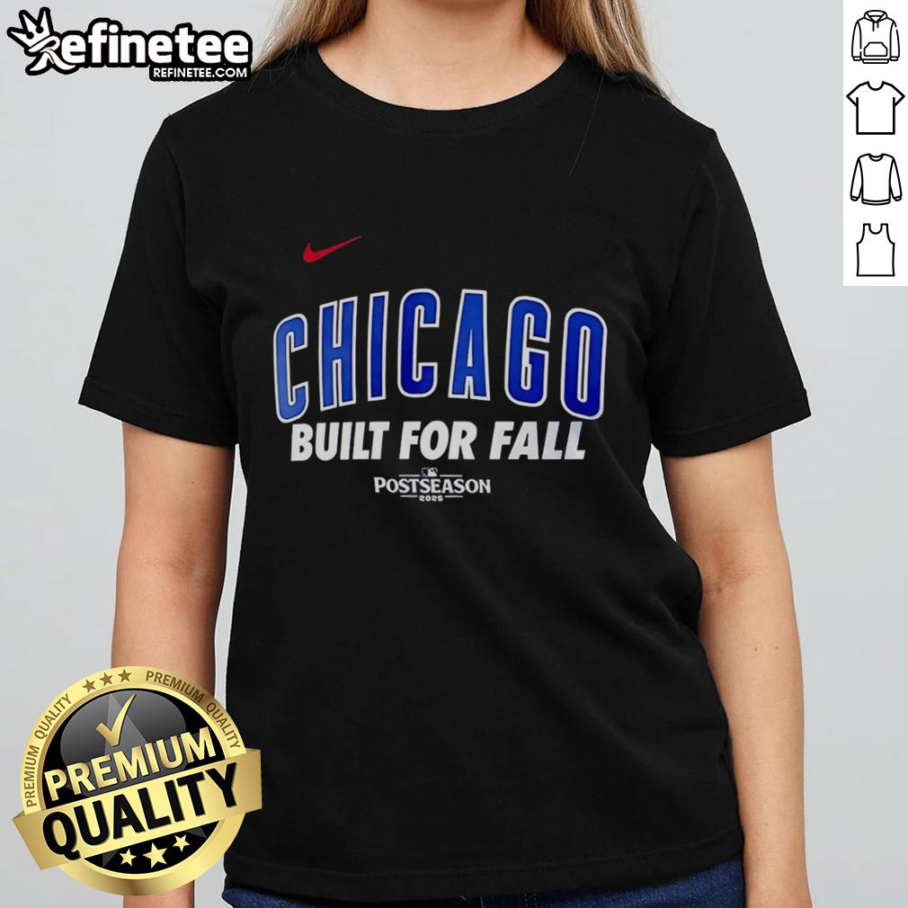 Premium Chicago Cubs Built For Fall 2025 Postseason Ladies Tee in vibrant blue, perfect for game day and autumn style.