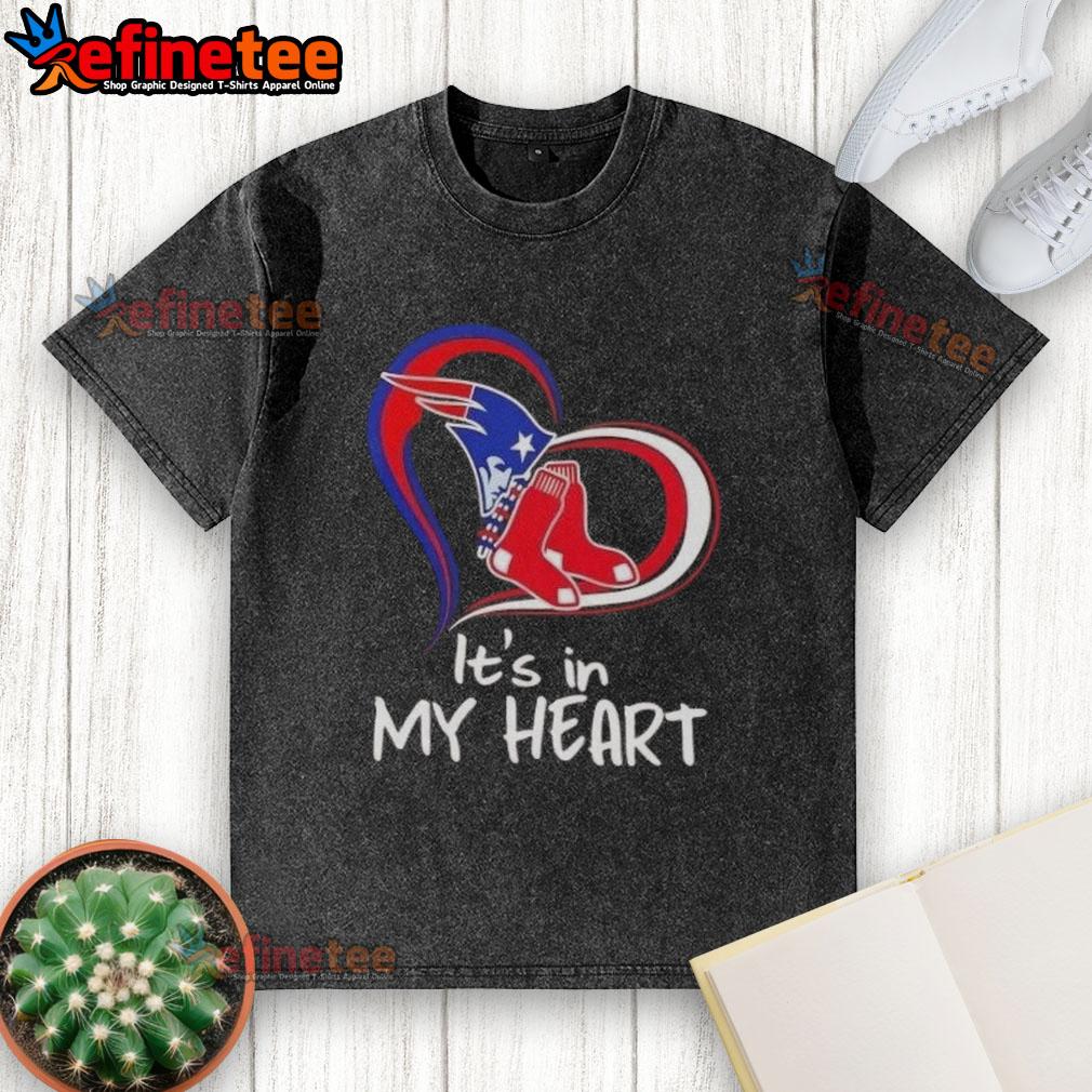 Premium 'It's In My Heart' England Patriots and Boston Red Sox washed t-shirt in vibrant colors, perfect for sports fans.