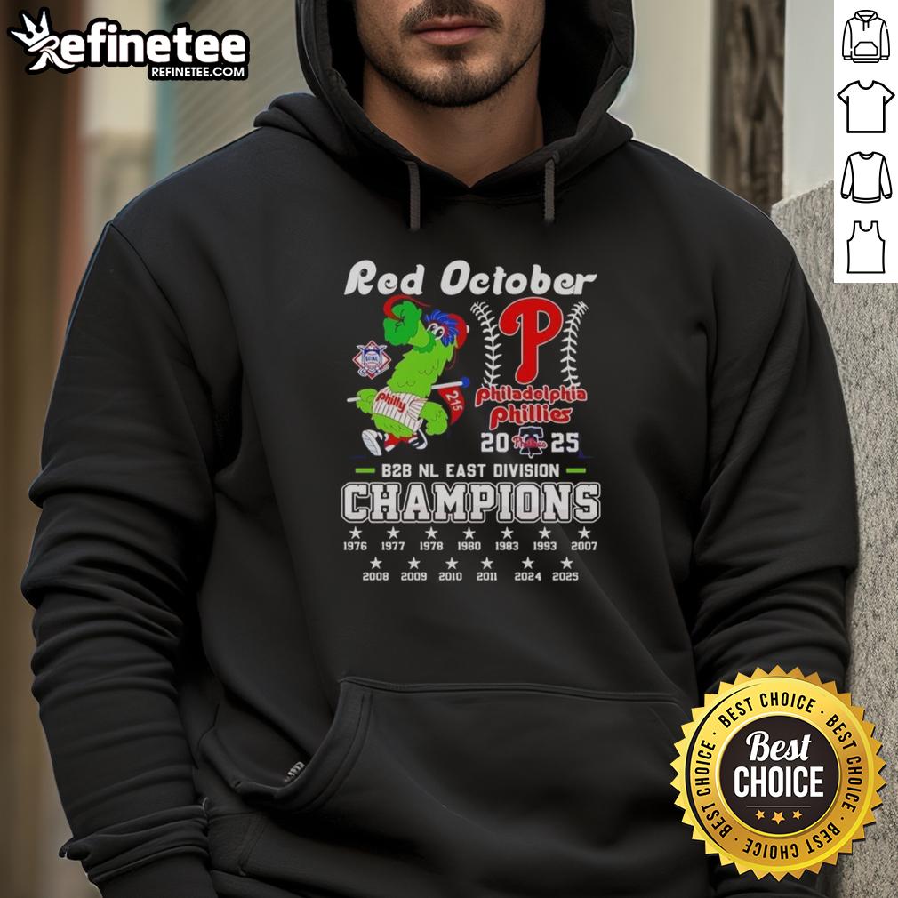 Alt Text: Philadelphia Phillies mascot Phanatic wearing a hoodie celebrating the 2025 East Division Champions.