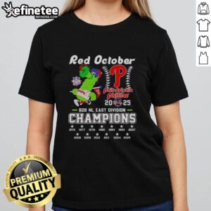 Alt Text: Pretty Philadelphia Phillies mascot, Phillie Phanatic, on a ladies' tee celebrating East Division Champions 2025.