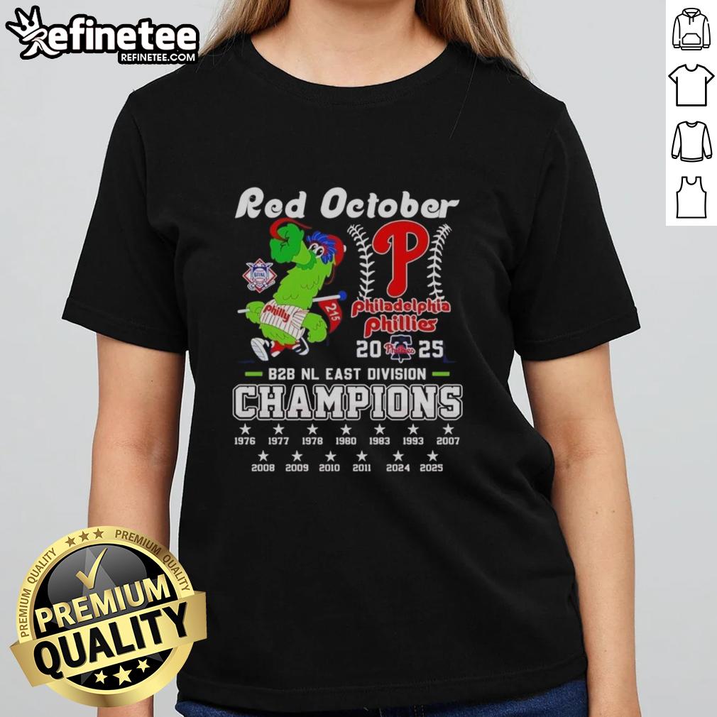 Alt Text: Pretty Philadelphia Phillies mascot, Phillie Phanatic, on a ladies' tee celebrating East Division Champions 2025.