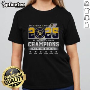 Alt Text: Ladies tee featuring the Milwaukee Brewers NL Central Division Champions 2025 logo, celebrating back-to-back-to-back wins.