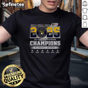 Alt Text: Milwaukee Brewers NL Central Division Champions 2025 Back to Back to Back logo t-shirt featuring a ball and glove design.