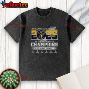 2025 Milwaukee Brewers NL Central Division Champions washed t-shirt featuring back-to-back-to-back ball glove logo.