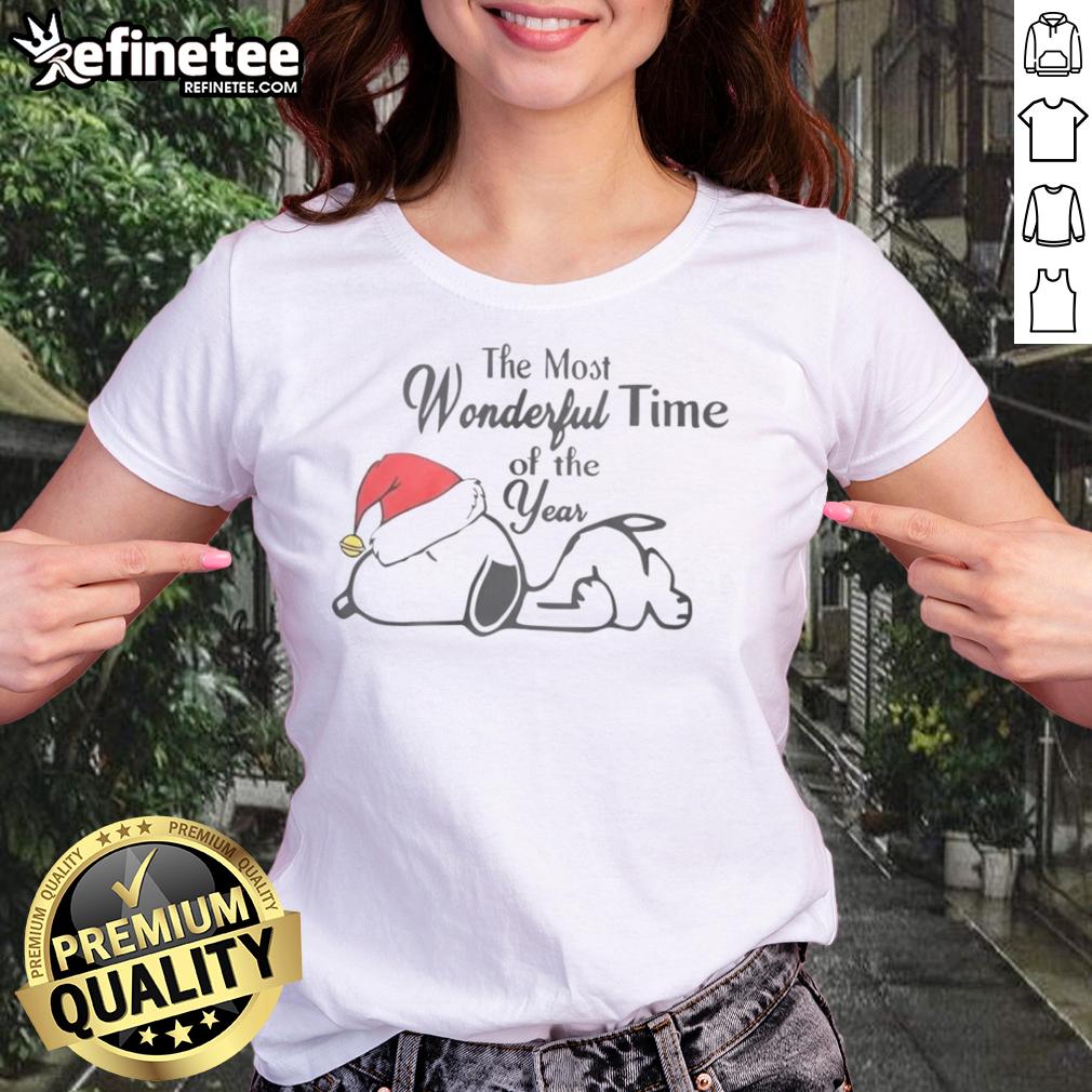 Alt Text: Cute Snoopy Christmas Hat tee for women, celebrating the most wonderful time of the year in festive style.