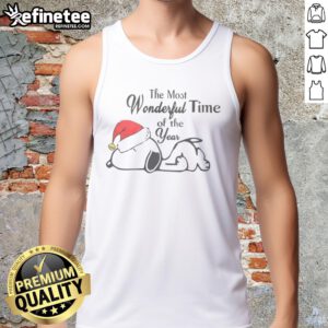 Alt Text: Adorable Snoopy wearing a Christmas hat on a tank top, celebrating 'The Most Wonderful Time of the Year'.