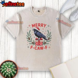 Funny Christmas F Caw F Raven Xmas washed t-shirt featuring a humorous raven graphic for festive holiday spirit.