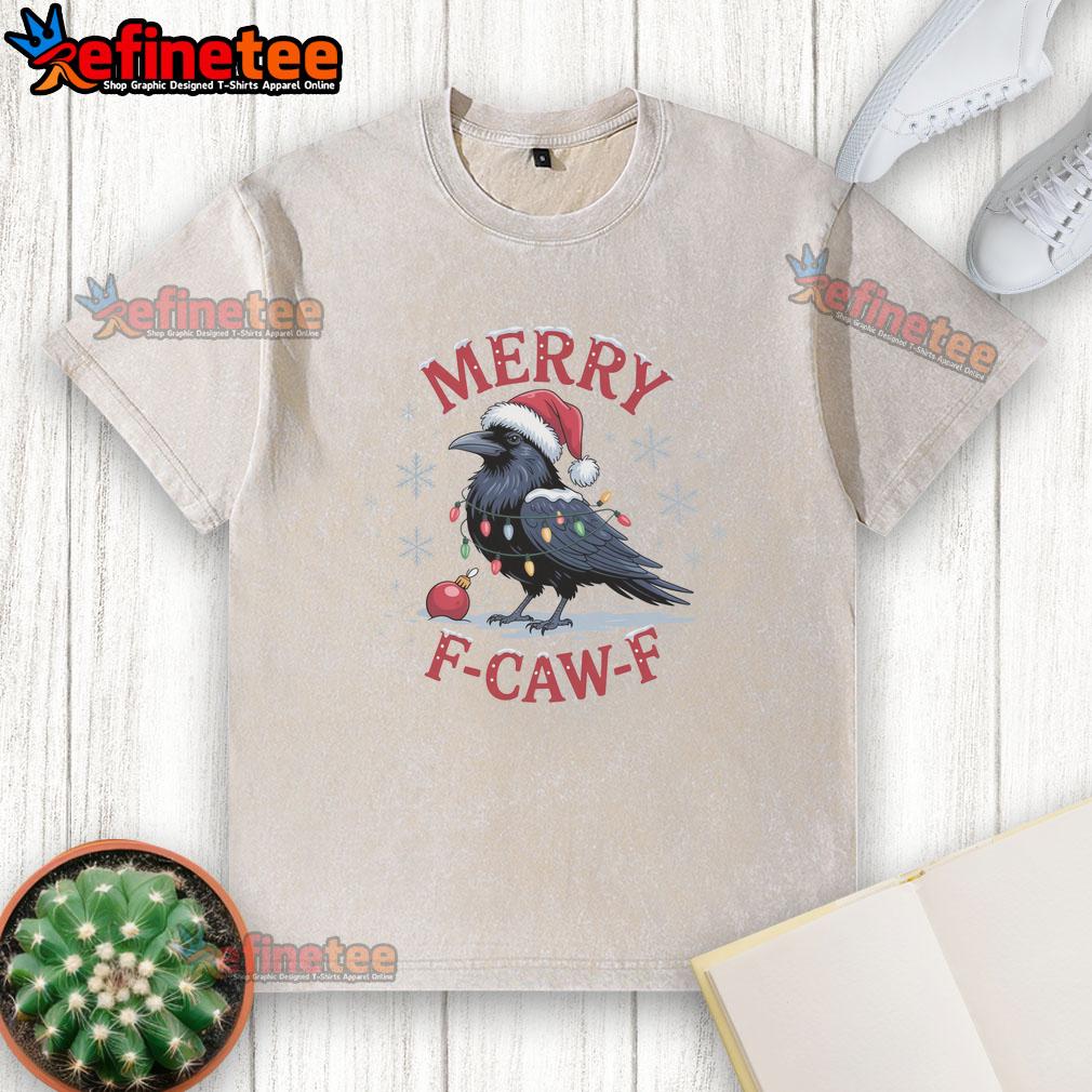 Alt Text: Funny Merry F Caw F Crow Christmas X Mas washed t-shirt featuring a playful holiday design and vibrant colors.