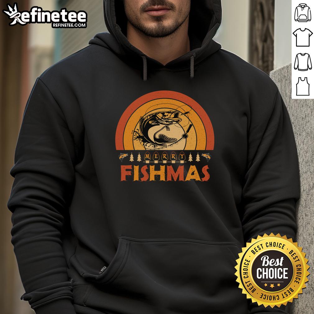 Funny Merry Fishmas hoodie featuring a retro sunset design perfect for fishing enthusiasts celebrating Christmas.