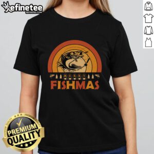 Alt Text: Funny Merry Fishmas tee with retro sunset design for ladies, perfect for Christmas fishing enthusiasts.
