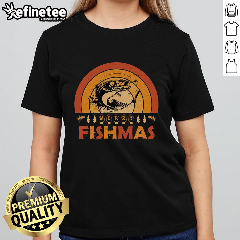 Alt Text: Funny Merry Fishmas tee with retro sunset design for ladies, perfect for Christmas fishing enthusiasts.