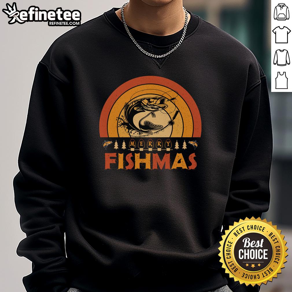 Funny Merry Fishmas sweatshirt featuring retro sunset design, perfect for Christmas fishing enthusiasts.