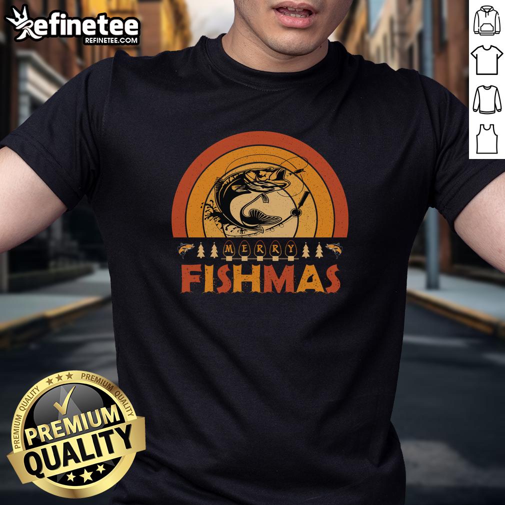 Funny Merry Fishmas Christmas T-Shirt featuring a retro sunset and fishing theme, perfect for anglers celebrating the holidays.