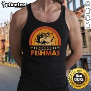 Alt Text: Funny Merry Fishmas tank top featuring retro sunset design, perfect for Christmas and fishing enthusiasts.
