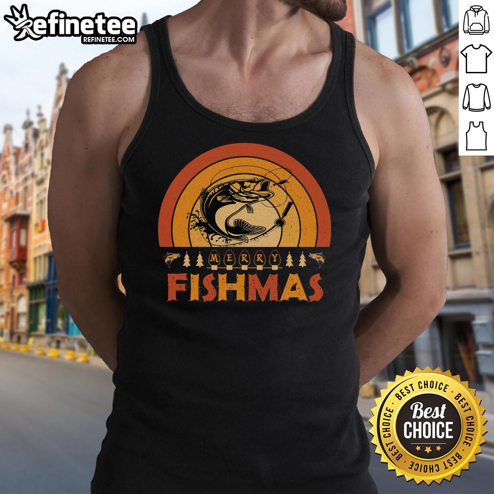 Alt Text: Funny Merry Fishmas tank top featuring retro sunset design, perfect for Christmas and fishing enthusiasts.