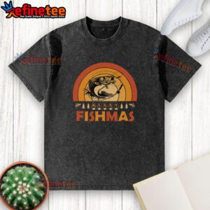 Funny Merry Fishmas retro sunset t-shirt featuring a whimsical fish design for Christmas fishing enthusiasts.