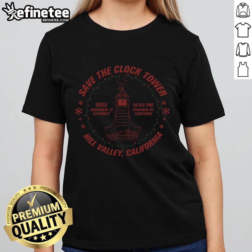 Alt Text: Funny Save the Clock Tower tee for ladies, inspired by Hill Valley, California, perfect for Back to the Future fans.